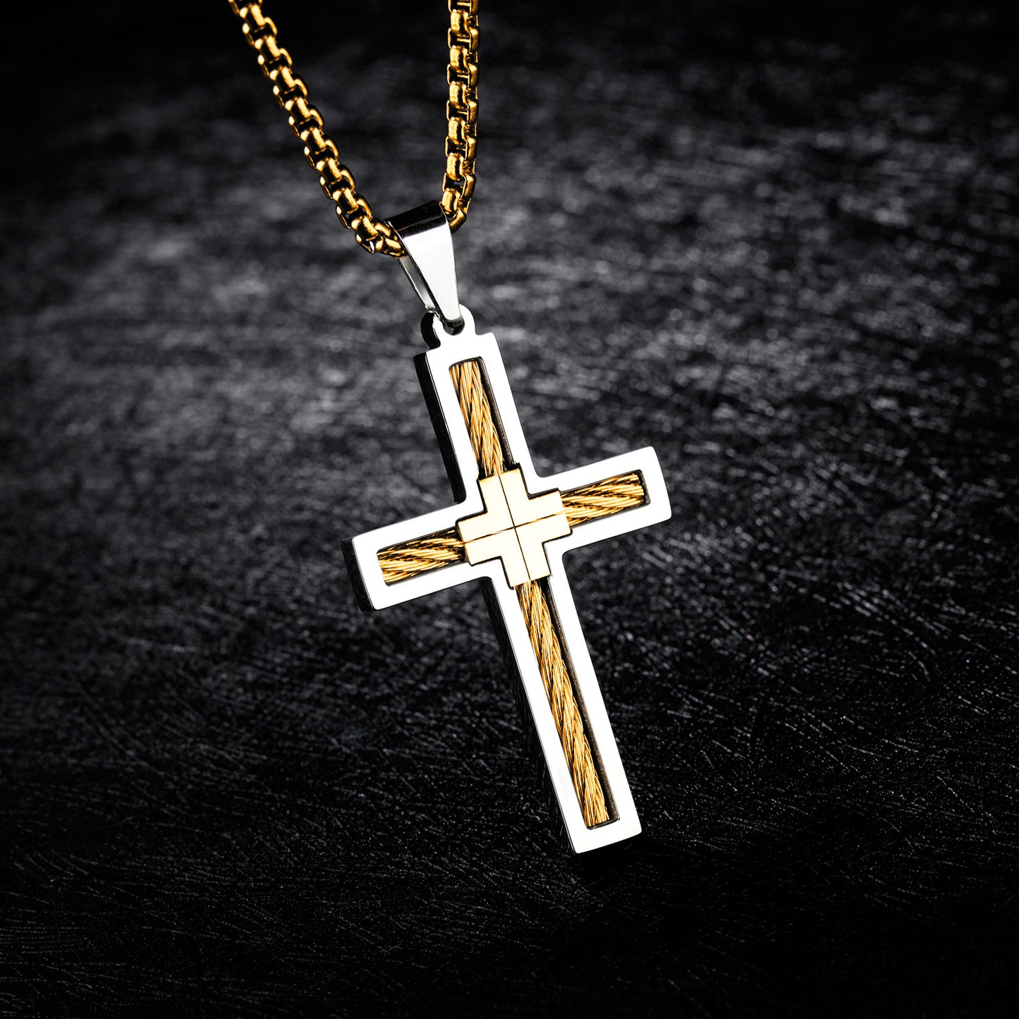 Men's Titanium Steel Cross Necklace with Chain | Black, Gold & Silver