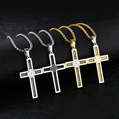 Men's Titanium Steel Cross Necklace with Chain | Black, Gold & Silver