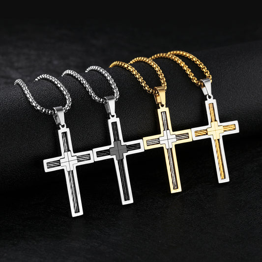 Men's Titanium Steel Cross Necklace with Chain | Black, Gold & Silver
