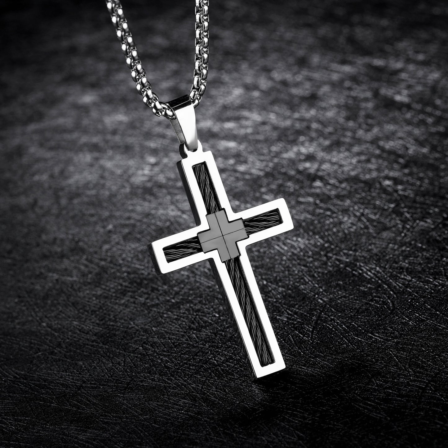 Men's Titanium Steel Cross Necklace with Chain | Black, Gold & Silver