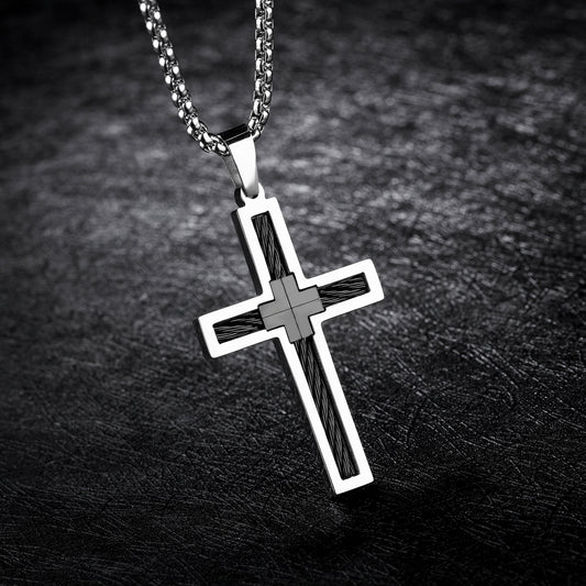 Men's Titanium Steel Cross Necklace with Chain | Black, Gold & Silver