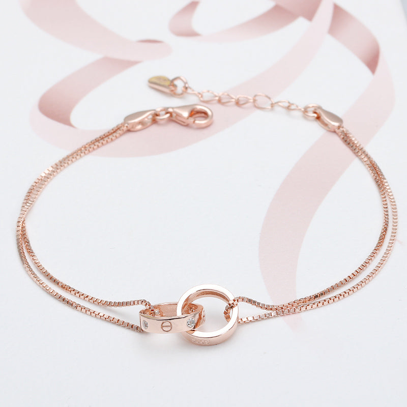 925 Sterling Silver Double Ring Chain Bracelet | Rose Gold & Silver