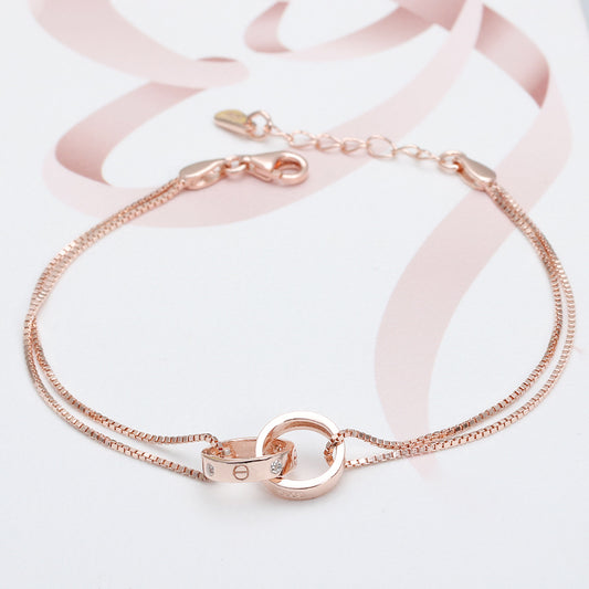 925 Sterling Silver Double Ring Chain Bracelet | Rose Gold & Silver