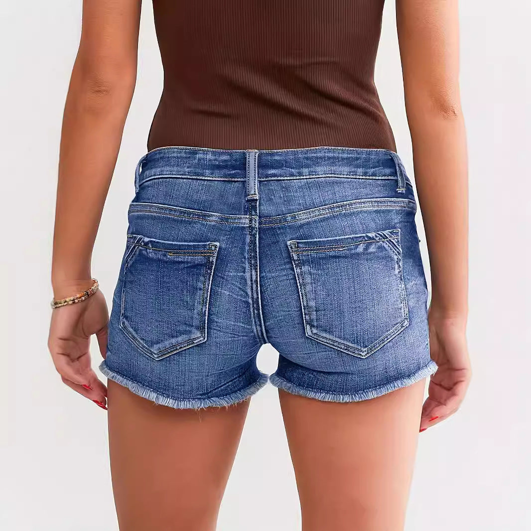 Women's Ripped Patchwork Denim Shorts | Button Fly | Light Blue