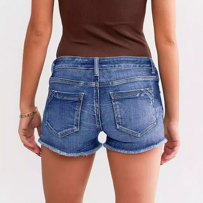 Women's Ripped Patchwork Denim Shorts | Button Fly | Light Blue