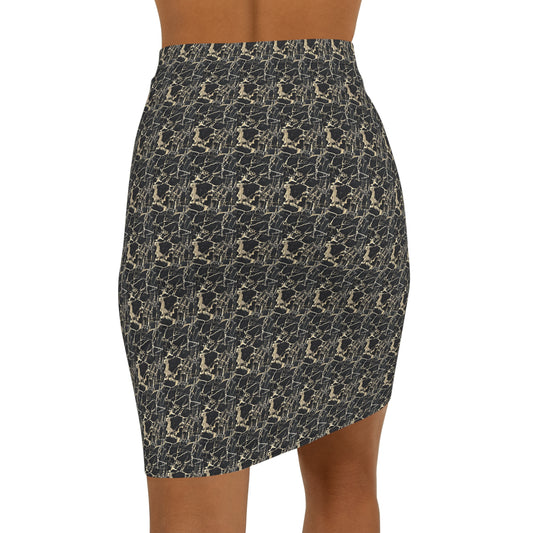 Patterned skirt worn by a person on a white background