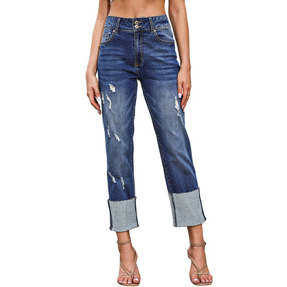 Women's High Waist Ripped Cropped Trousers