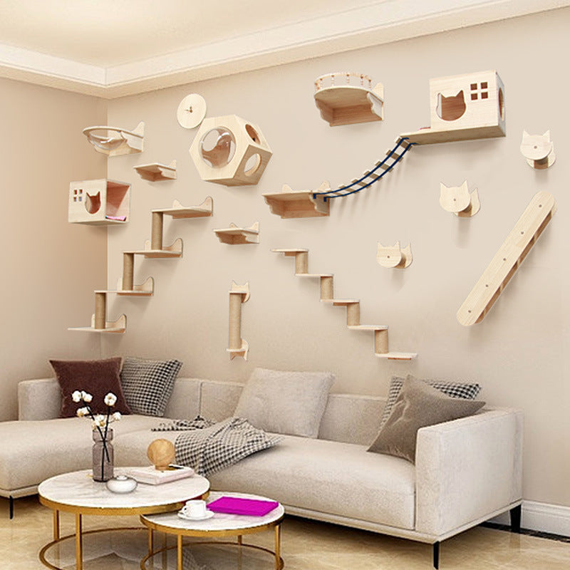 Modular Wall-Mounted Cat Climbing Frame – Solid Wood Shelves & Platforms
