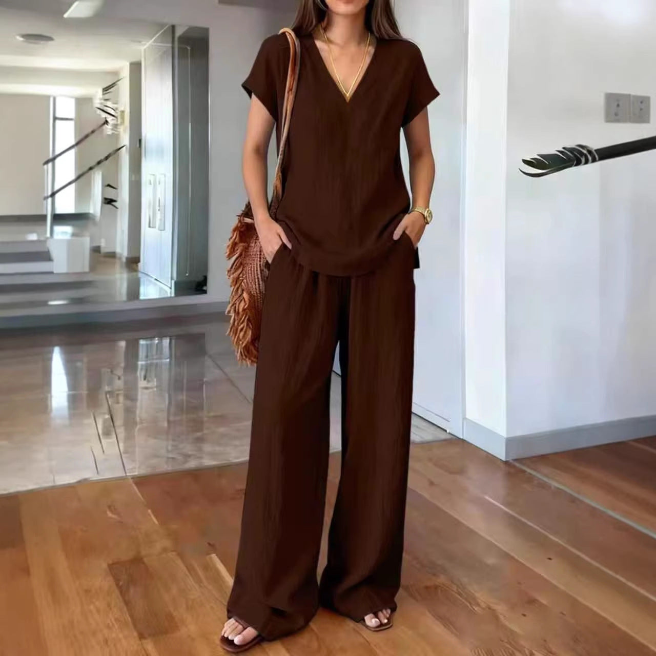 Women's V-Neck Short Sleeve Top and Wide-Leg Pants Co-ord Set