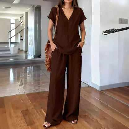 Women's V-Neck Short Sleeve Top and Wide-Leg Pants Co-ord Set