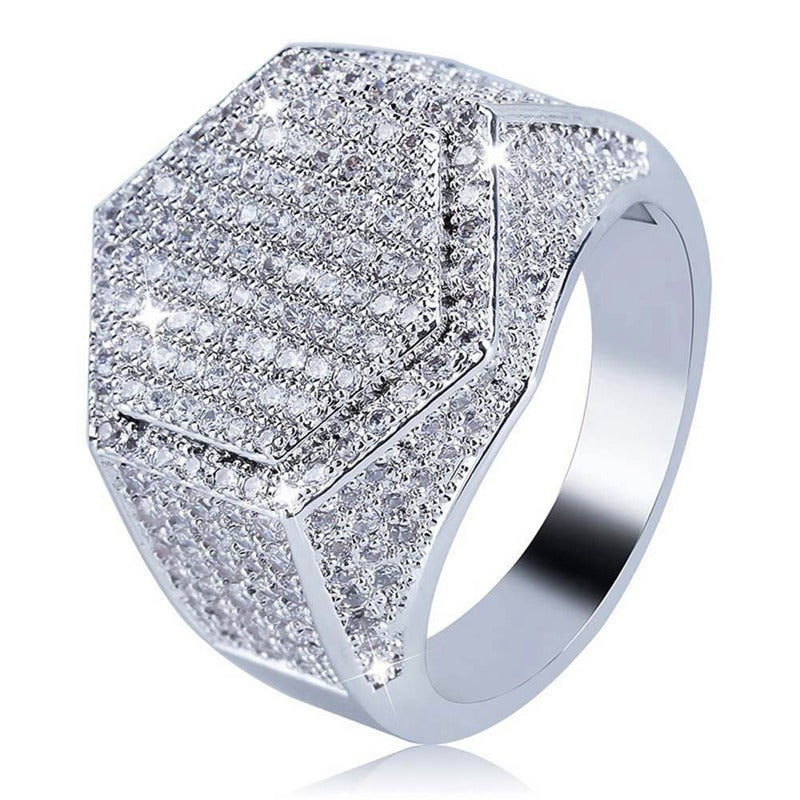 Men's Hip Hop Micro Pavé CZ Square Ring – Gold & Silver Iced Out Band