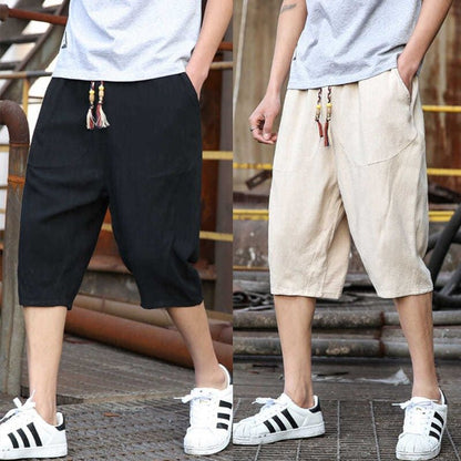 Men's Viscose Linen Cropped Trousers | Loose Fit Casual M-5XL