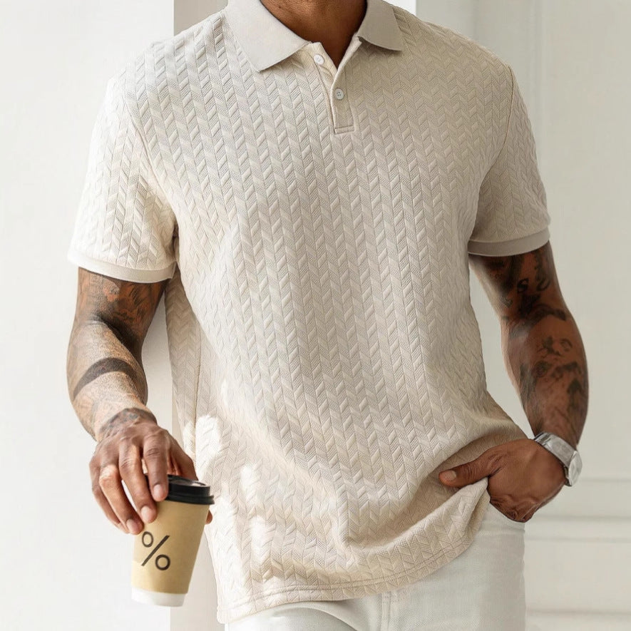 Men's Jacquard Polo Shirt – Slim Fit Short Sleeve | Apricot & Grey | Sizes S–2XL