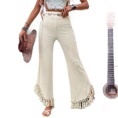 Women's High Waist Tassel Trim Trousers - Resort Style