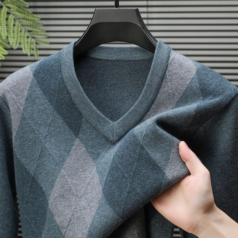 Men's Jacquard Knit V-Neck Sweater – Slim Fit Wool Pullover | 3 Colours | Sizes M–4XL