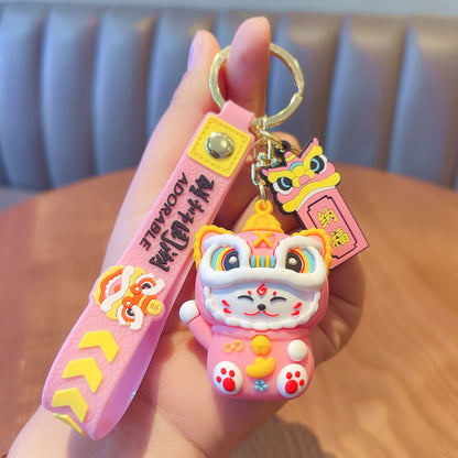 Lion Cat Mascot Metal Keychain | Cute Animal Charm | Red, Blue & Pink