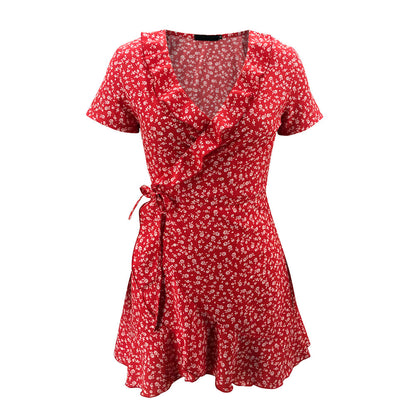 Women's V-Neck Ruffled Lace A-Line Mini Dress | Short-Sleeve Slim-Fit Cotton Blend Dress