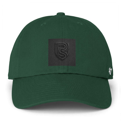 Green cap with a black logo on a white background