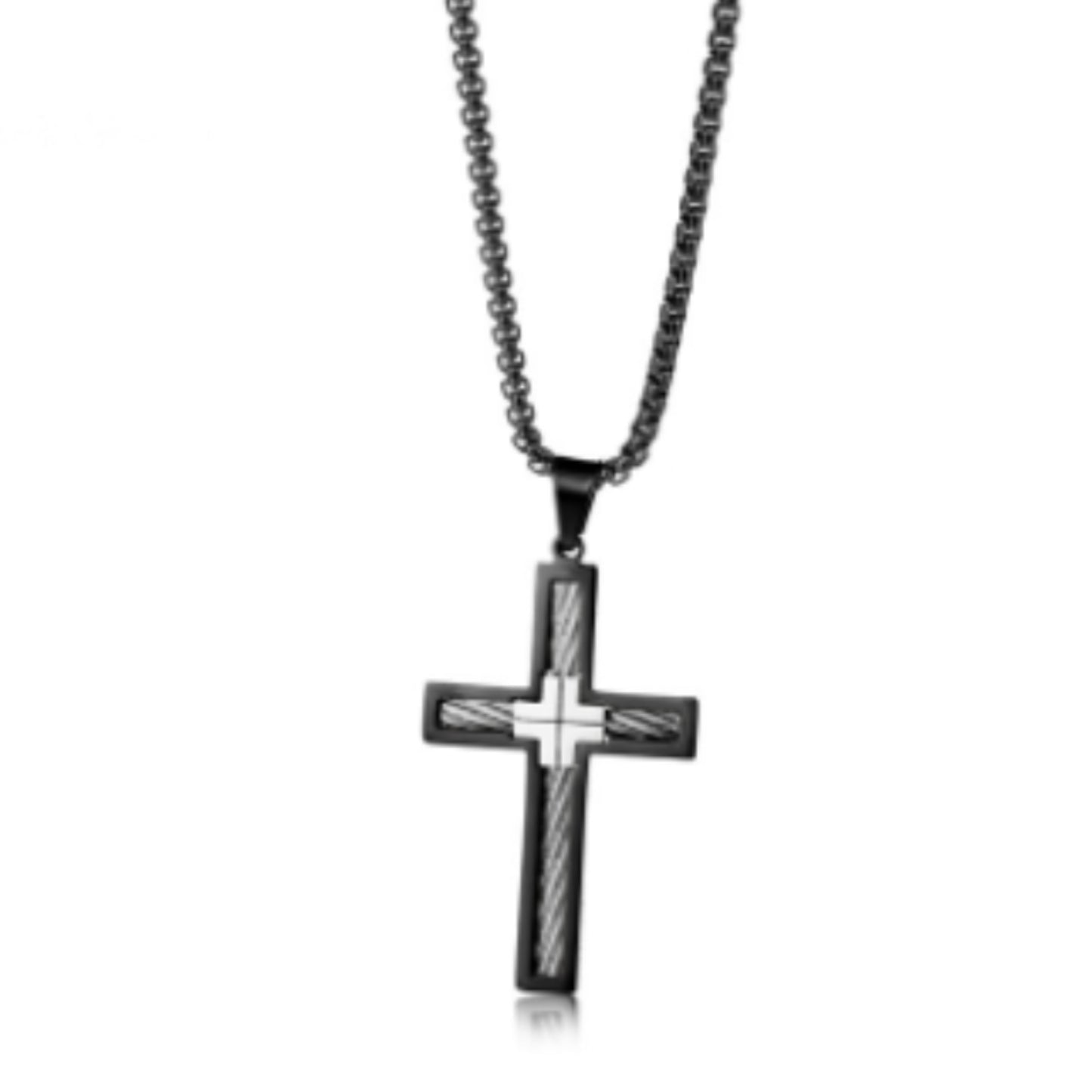 Men's Titanium Steel Cross Necklace with Chain | Black, Gold & Silver