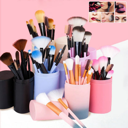 12-Piece Makeup Brush Set with Barrel Box – Rayon Bristles, 8 Colours