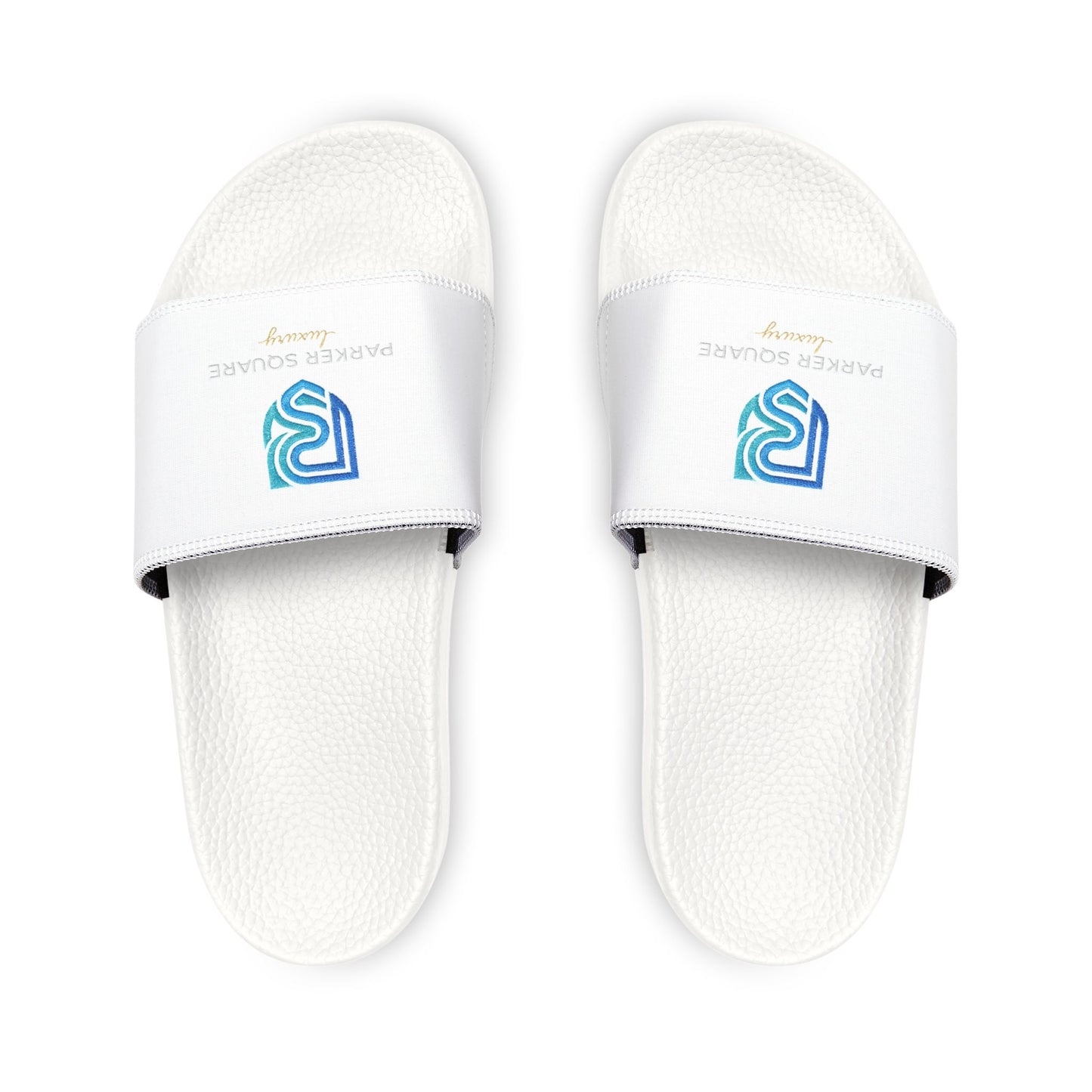 White slippers with a logo on a white background