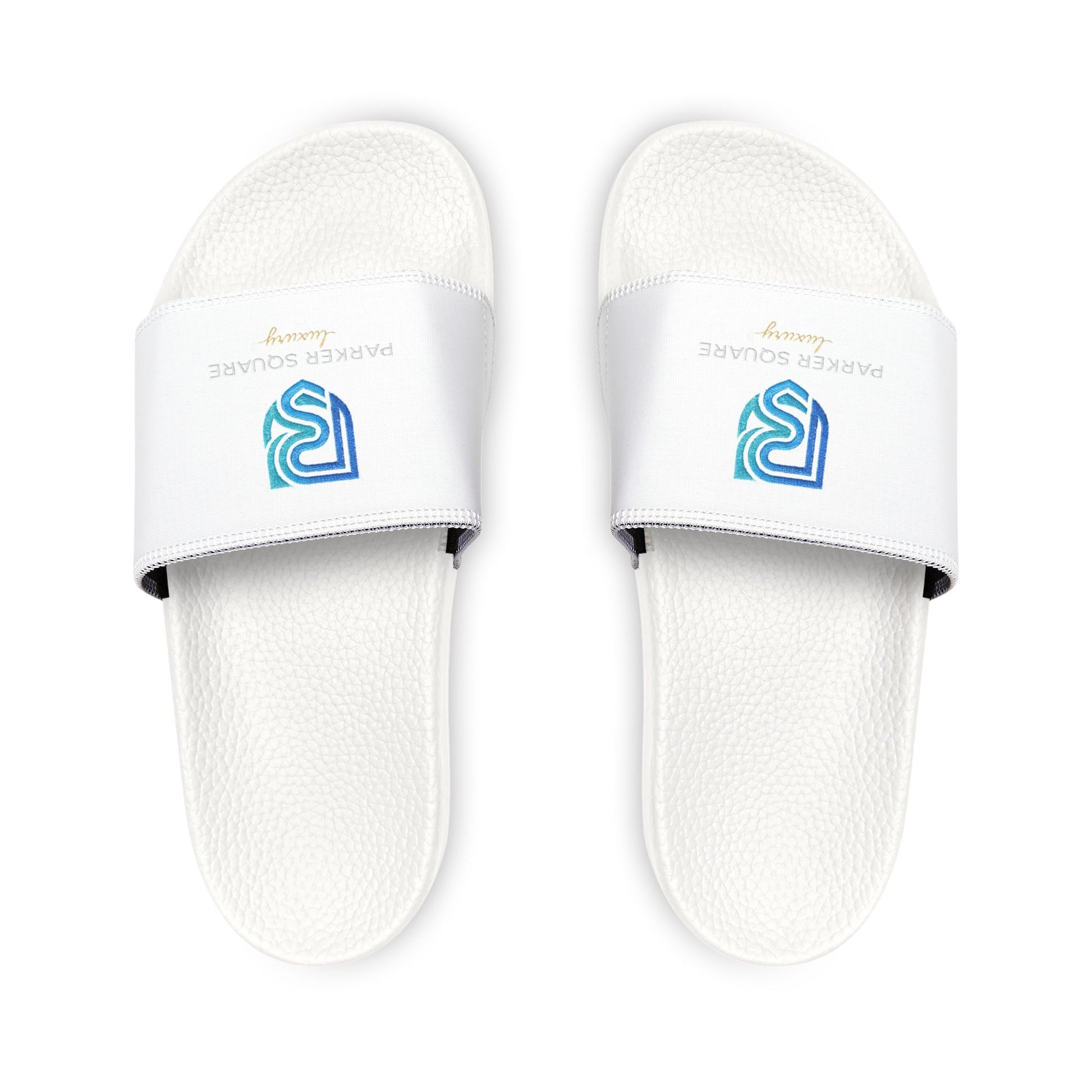 White slippers with a logo on a white background