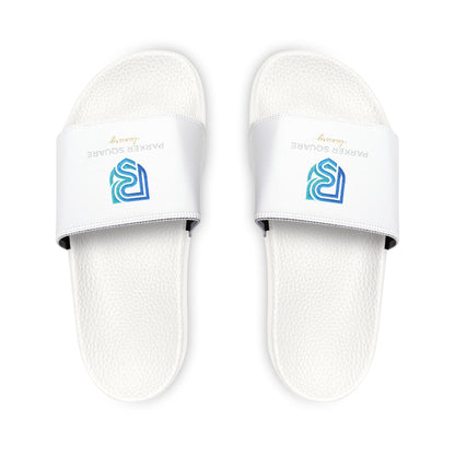 White slippers with a logo on a white background