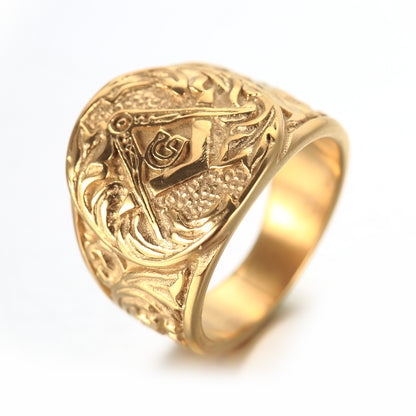Men's Titanium Steel Vintage Masonic Ring – Electroplated Geometric Band Gold & Silver