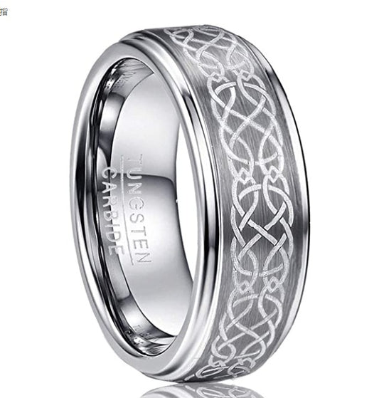 Men's Tungsten Steel Laser Pattern Ring – Grey & White European Statement Band