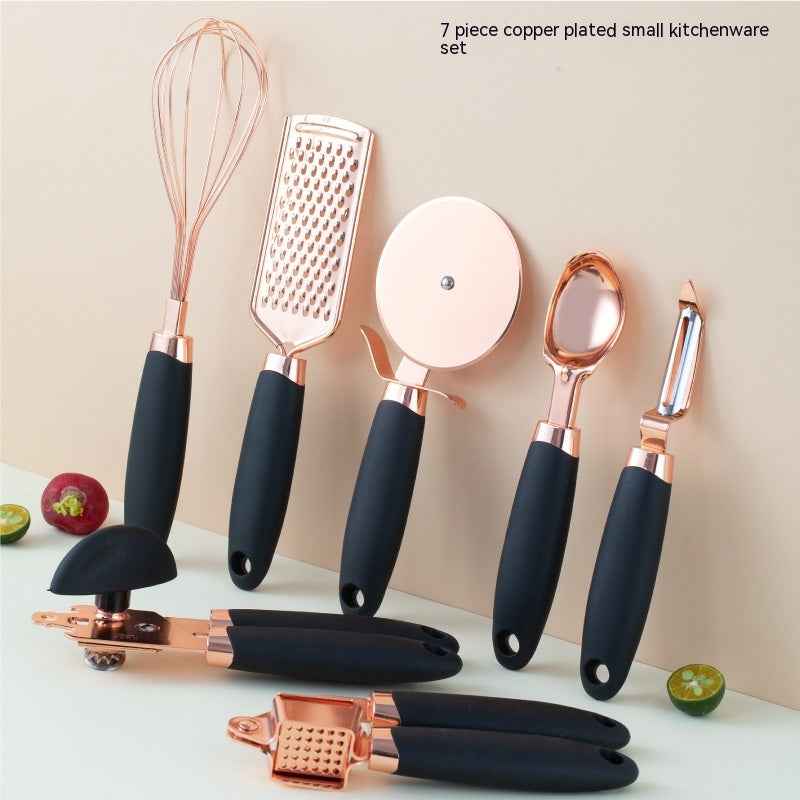 7-Piece Stainless Steel Kitchen Tool Set – Rose Gold Finish Cooking Utensils with Rack