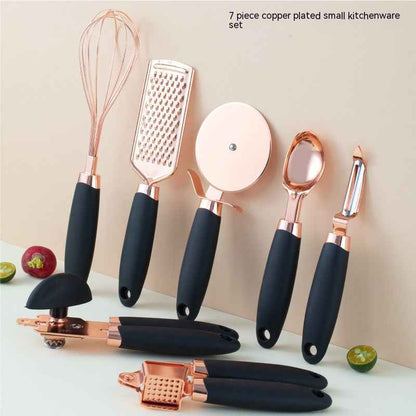 7-Piece Stainless Steel Kitchen Tool Set – Rose Gold Finish Cooking Utensils with Rack