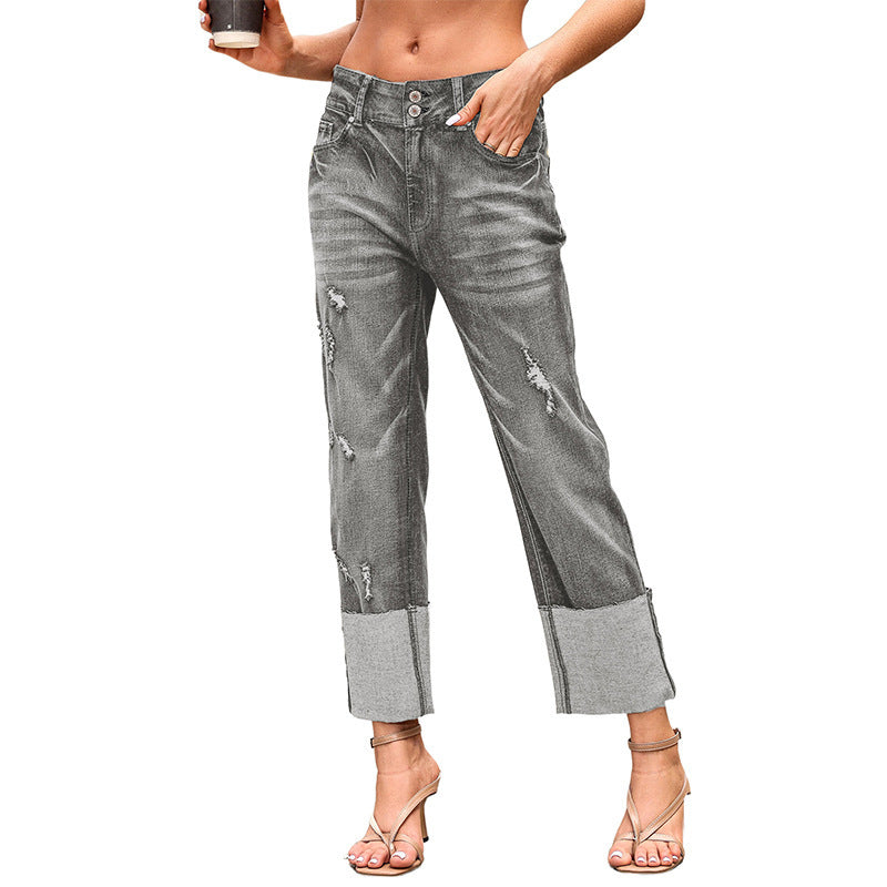Women's High Waist Ripped Cropped Trousers