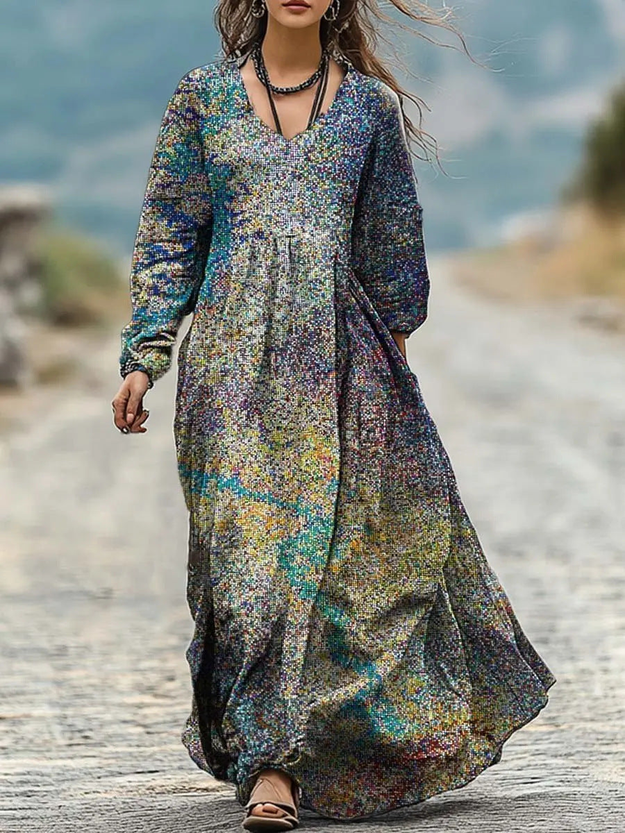 Women's 3D Print V-Neck Long Sleeve A-Line Dress