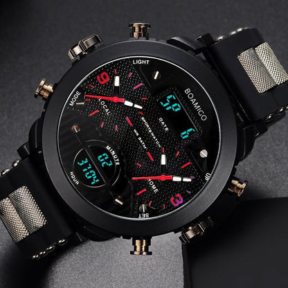 Men's Dual Display Quartz Watch – 3 Time Zones, Waterproof