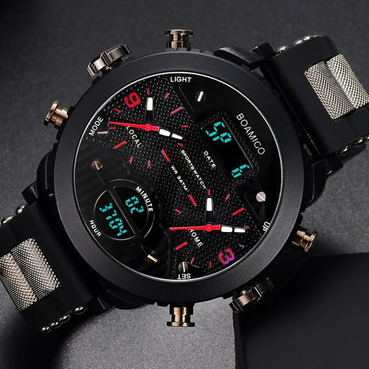 Men's Dual Display Quartz Watch – 3 Time Zones, Waterproof