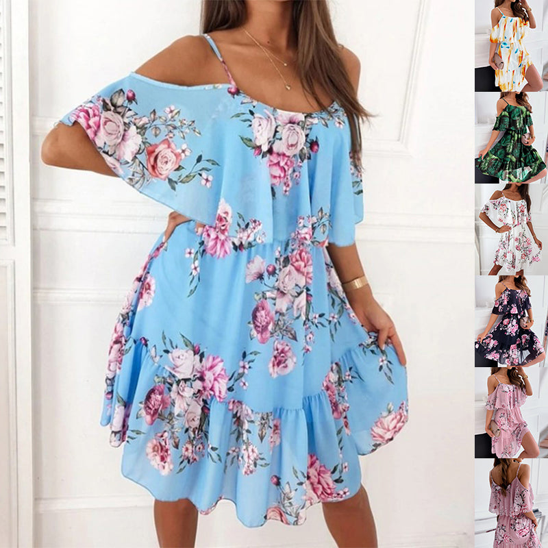 Women's Floral Print Ruffle Dress | Off-Shoulder Summer Midi