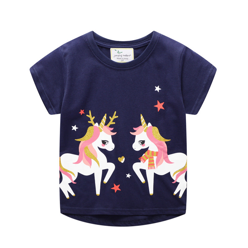 Girls Unicorn Cartoon Cotton Short Sleeve T-Shirt – 2 Designs