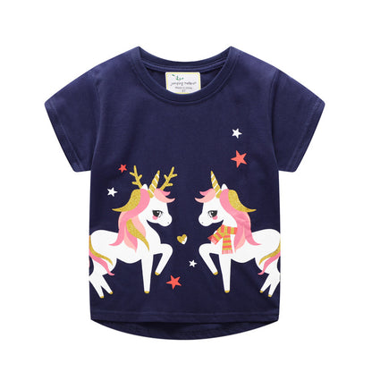 Girls Unicorn Cartoon Cotton Short Sleeve T-Shirt – 2 Designs