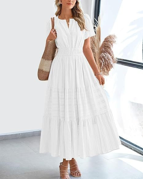 Women's V-Neck Pleated Puff Sleeve Maxi Dress