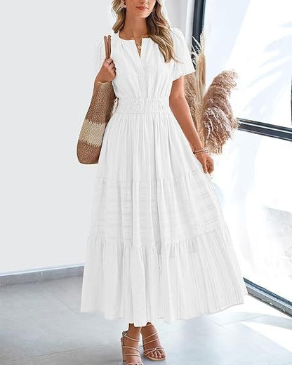 Women's V-Neck Pleated Puff Sleeve Maxi Dress