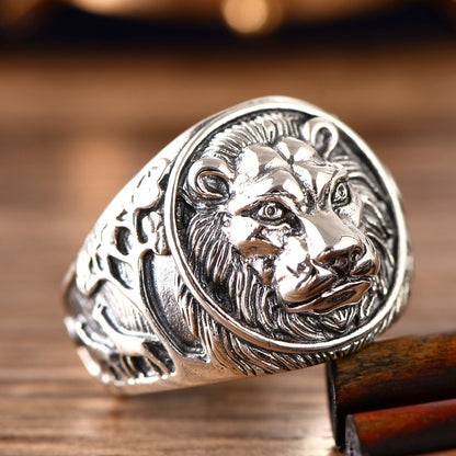 Men's Thai Silver Lion Head Ring – Domineering Beast Statement Band