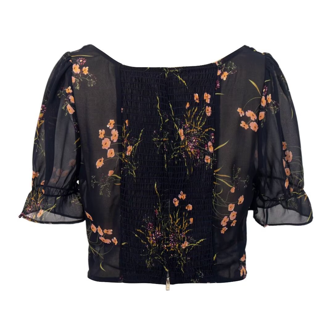 Women's Floral Puff-Sleeve Cropped Top | Slim-Fit 3D Print Streetwear Blouse