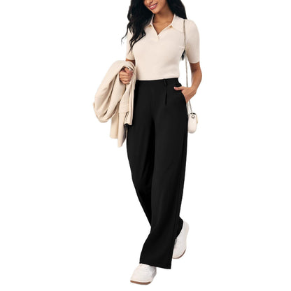 Women's High Waist Wide-Leg Work Trousers - Nylon Blend