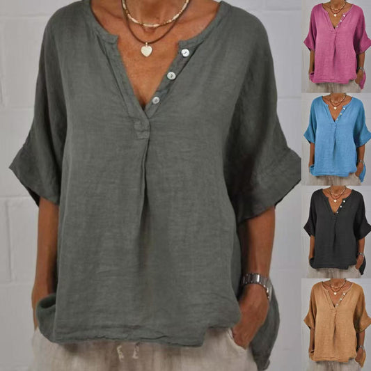 Women's Cotton-Linen V-Neck Button-Up Shirt | Relaxed Fit Casual Top