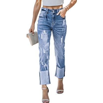 Women's High Waist Ripped Cropped Trousers