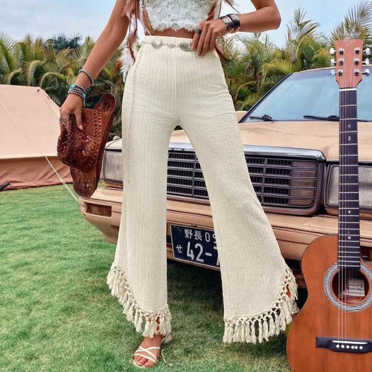Women's High Waist Tassel Trim Trousers - Resort Style