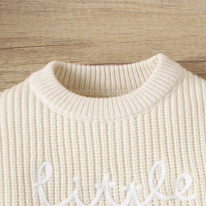 Baby Letter Embroidered Pullover Sweater | White & Brown | Age 0-24 Months