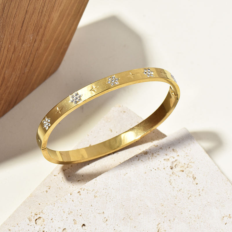 Sunflower Crystal Cuff Bracelet | Vintage Gold Titanium Steel Bangle