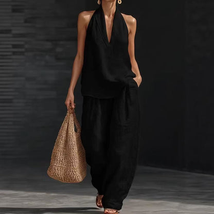 Women's Sleeveless Vest & Wide-Leg Trousers Two-Piece Set