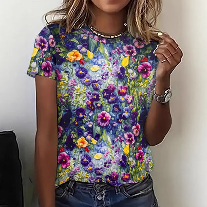 Women's Printed Short-Sleeve T-Shirt | Casual Straight-Fit Milk Silk Polyester Tee